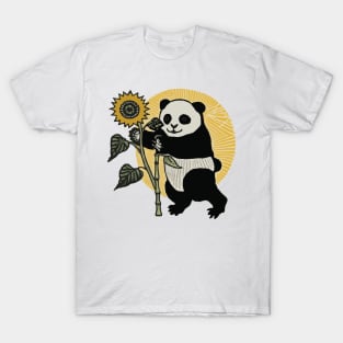 Ukiyo-e Style Smiling Panda Holding a Sunflower With the Sun Behind T-Shirt